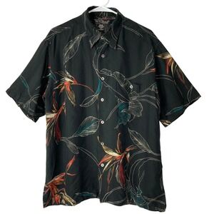 Tori Richard Black Floral 100% Silk Button Up Shirt L Collar Short Sleeve Pocket